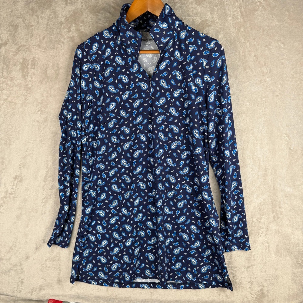 Swimsuit Cover-up Lands End Womens Navy Blue Paisley Pullover‎ Top Size M 10-12